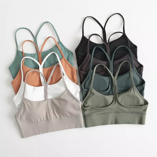 Cozy Widen Hem Padded Running Sports Bras For Women Y-Shape Racer Back Sexy Spaghetti Strap Yoga Bra Tops with Removable Cups