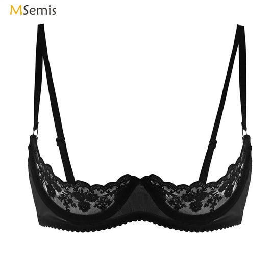 Women Lace Half Cup Bra Underwired Open Nipple Push Up Cupless Exposed Breasts Underwired See Through Sheer Lace Sexy Exotic Bra